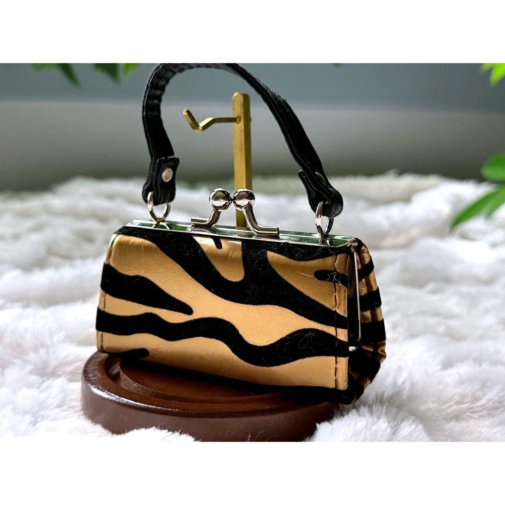 Mini‎ Zebra Print Micro Purse Kiss Lock Handbag Y2K Glam Novelty Bag Gold Black